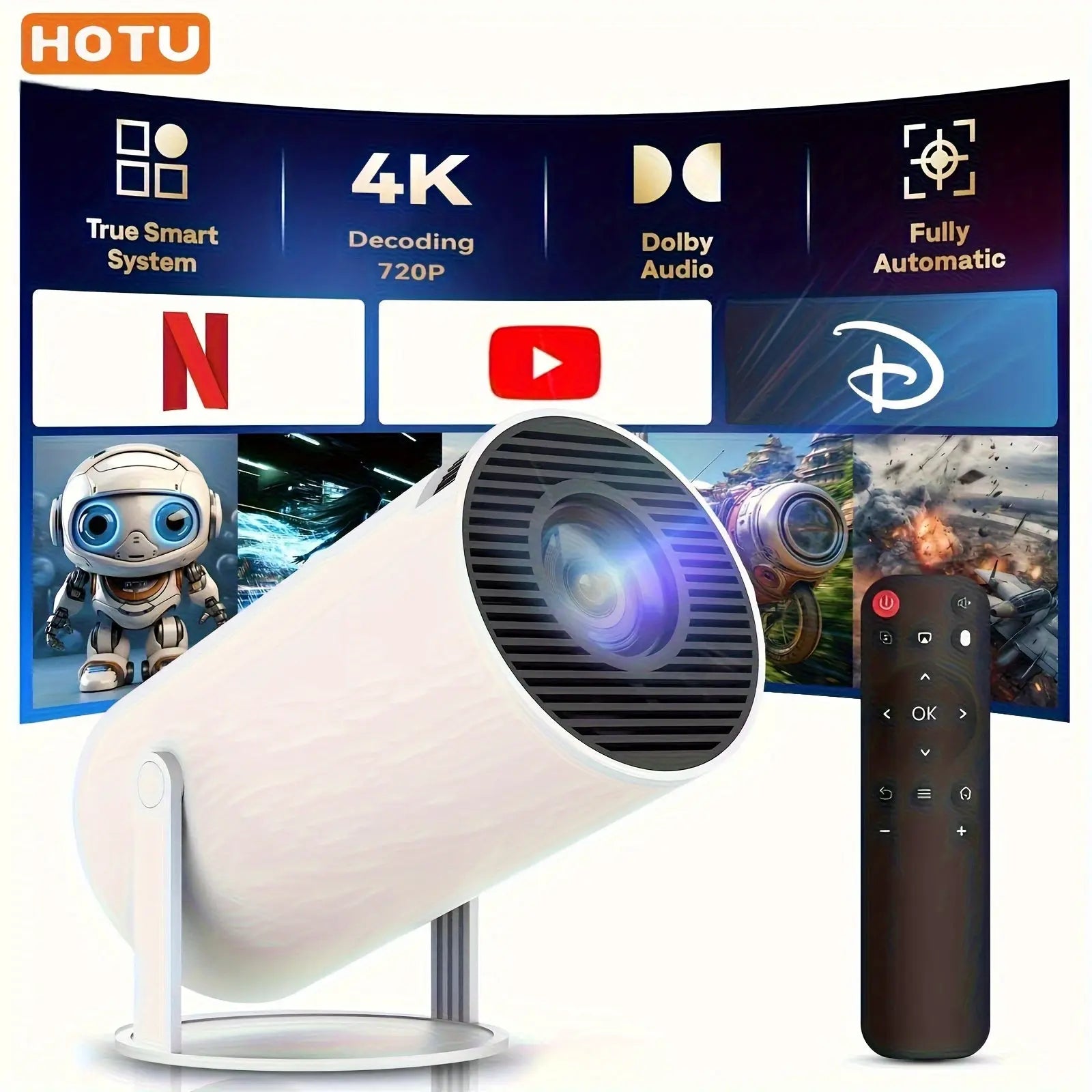Proyector HY300 Pro, 180°, 720P, 4K, dual WiFi 6 5G, wireless 5.0, android 11, 130 pulgadas Dropshipman