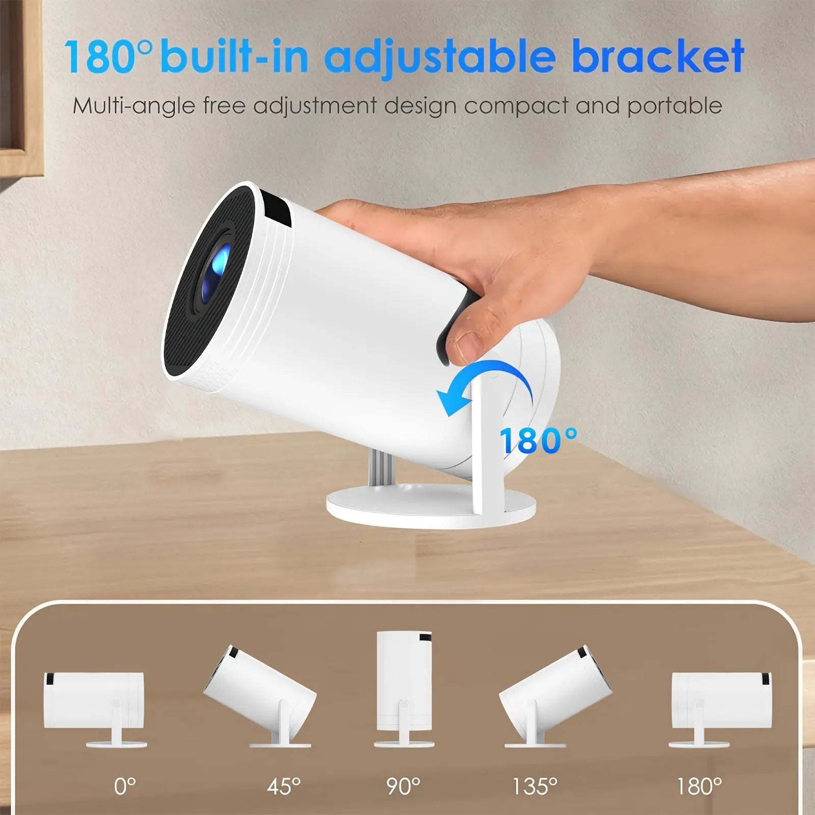 Proyector HY300 Pro, 180°, 720P, 4K, dual WiFi 6 5G, wireless 5.0, android 11, 130 pulgadas Dropshipman